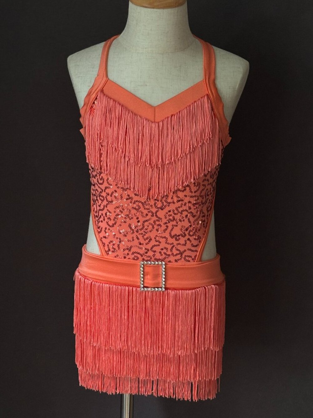 Weissman Coral Sequin Halter Fringe Dance Dress Rhinestone Belt Jazz Tap IC